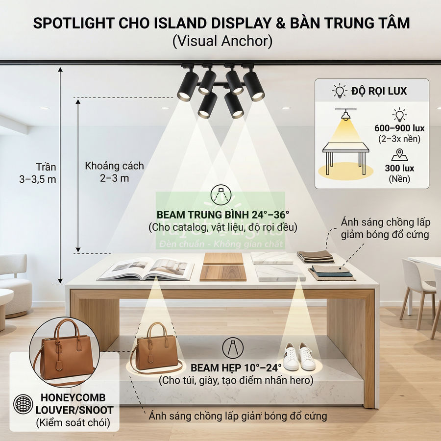 Đèn spotlight chiếu sáng bàn trưng bày trung tâm với túi xách da và giày trắng trong không gian nội thất hiện đại