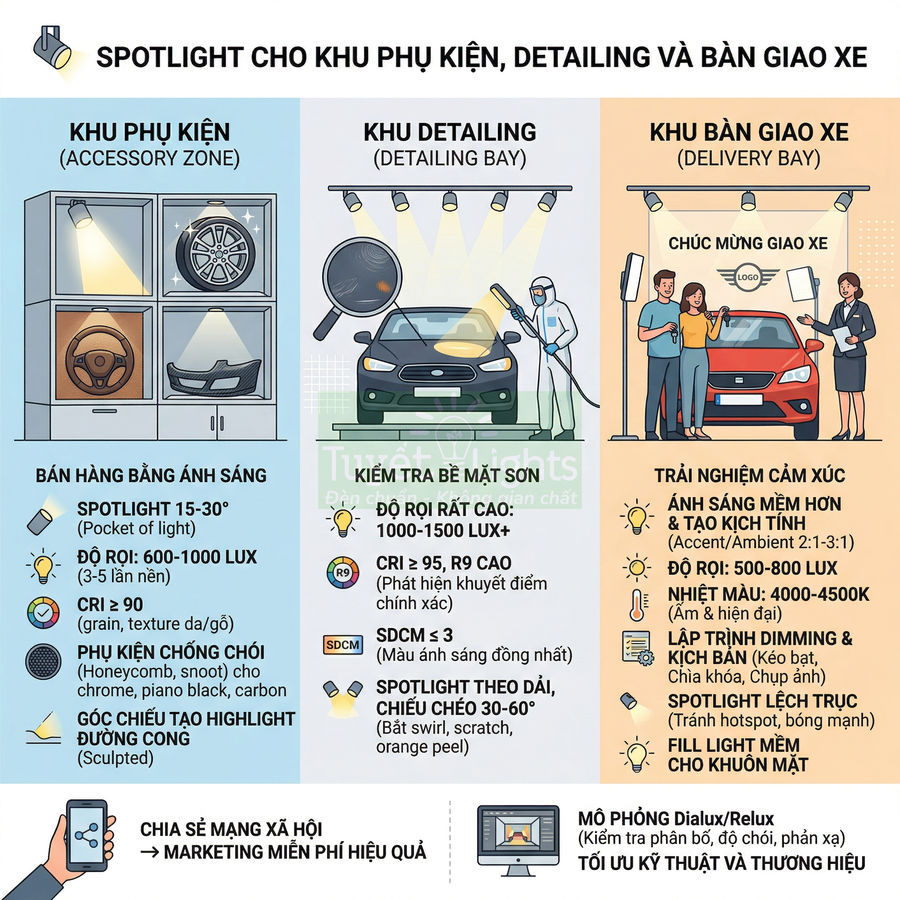 Minh họa các khu phụ kiện, detailing và bàn giao xe ô tô với hệ thống đèn spotlight chuyên dụng