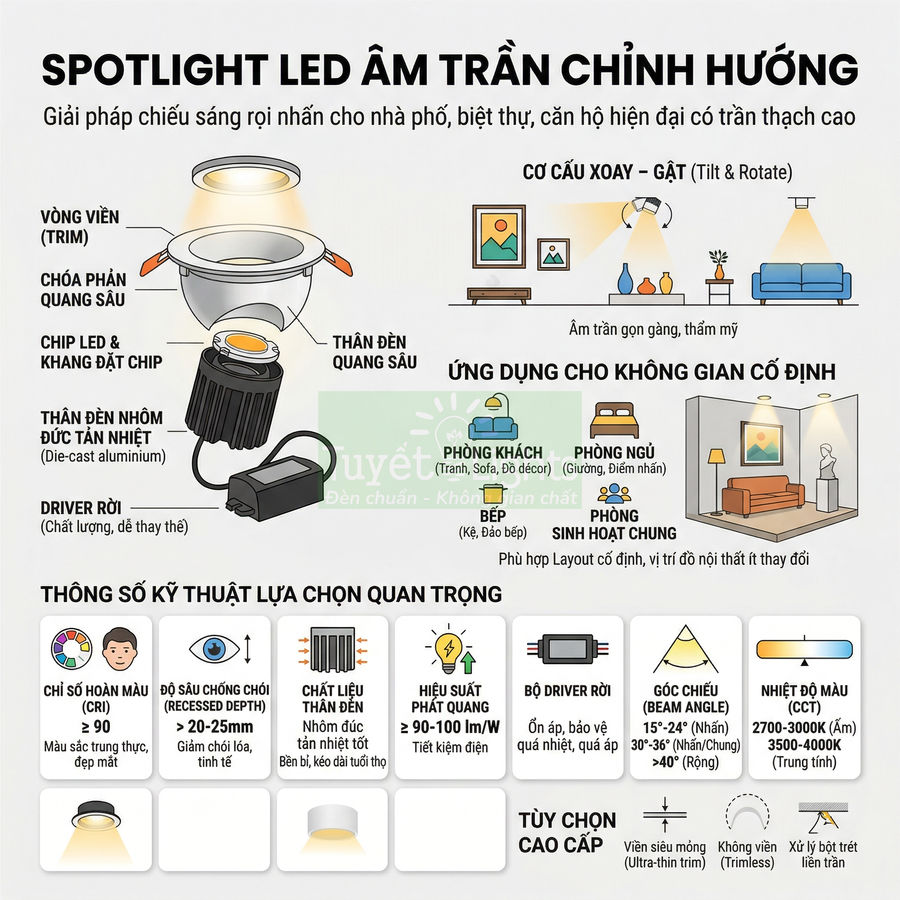 Infographic cấu tạo và ứng dụng đèn spotlight LED âm trần chỉnh hướng cho nhà phố, biệt thự, căn hộ trần thạch cao