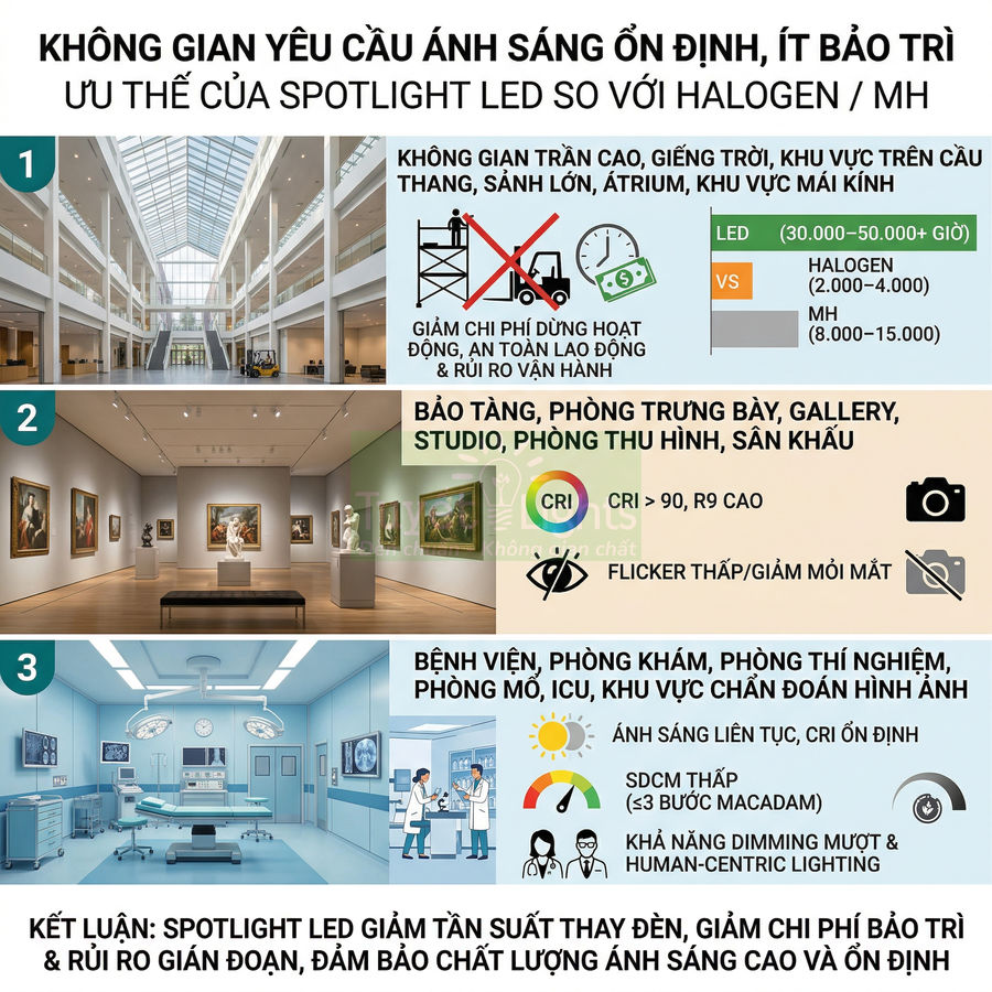 Infographic giới thiệu ưu điểm spotlight LED cho bảo tàng, bệnh viện, sảnh lớn với ánh sáng ổn định, ít bảo trì