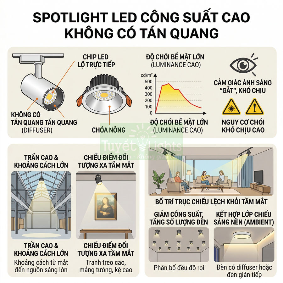 Infographic spotlight LED công suất cao không tán quang, minh họa cấu tạo, độ chói và cách bố trí đèn chống chói