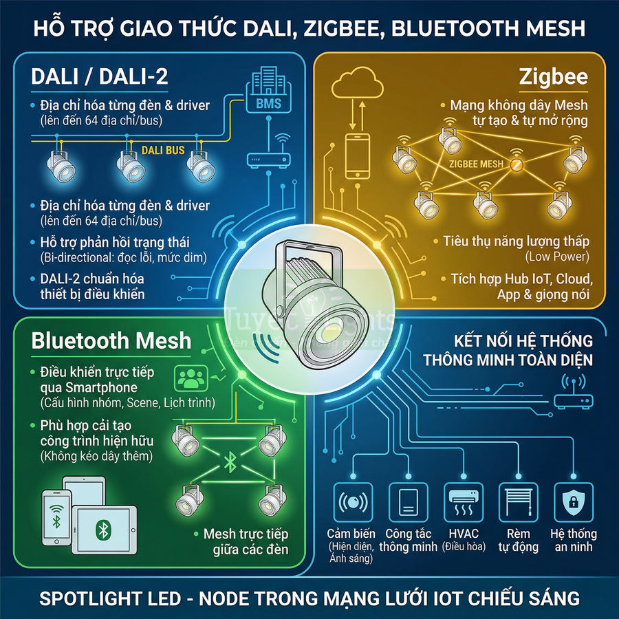 Đèn spotlight LED thông minh hỗ trợ giao thức DALI Zigbee Bluetooth Mesh trong hệ thống chiếu sáng IoT