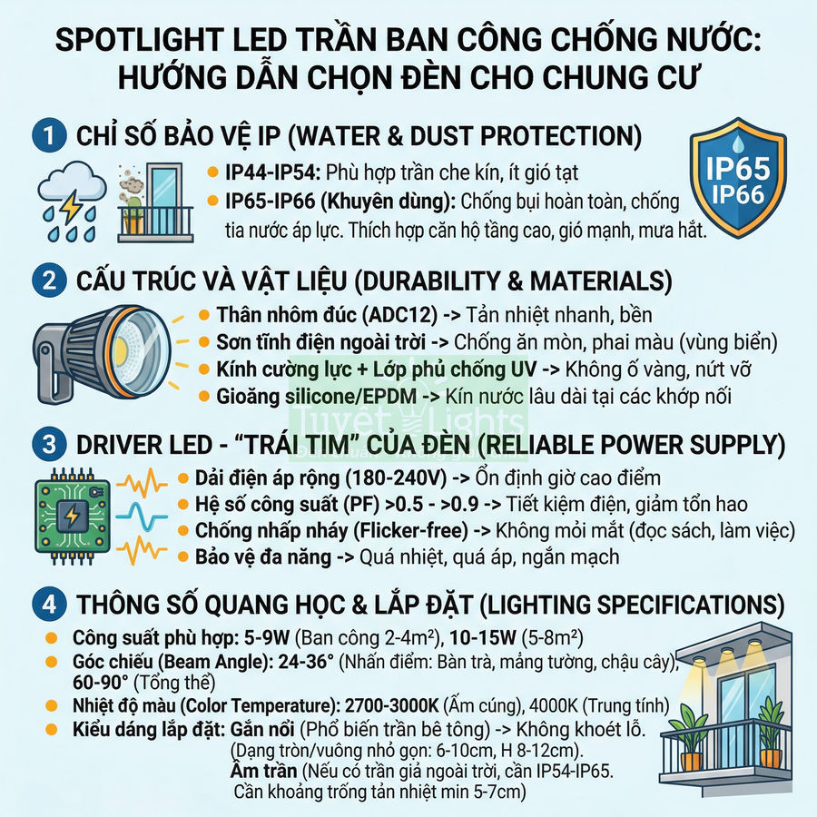 Hướng dẫn chọn đèn spotlight LED trần ban công chống nước cho căn hộ chung cư