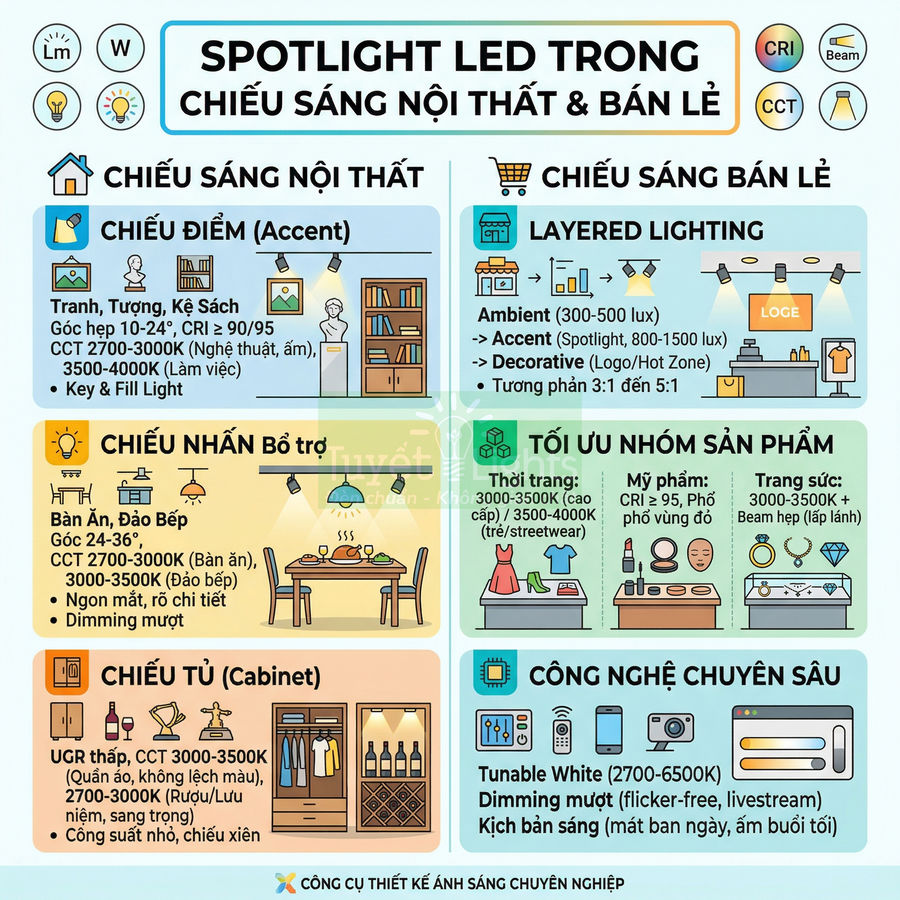Infographic hướng dẫn sử dụng spotlight LED trong chiếu sáng nội thất và bán lẻ cho từng khu vực và nhóm sản phẩm