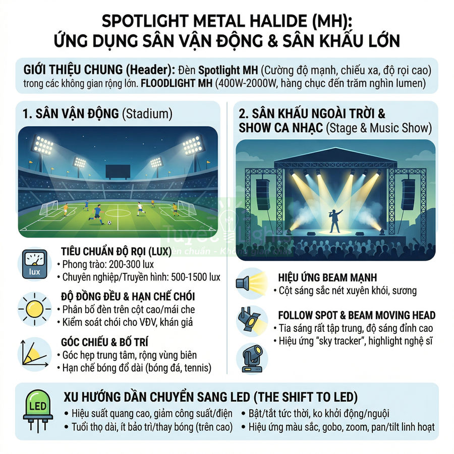 Infographic ứng dụng đèn spotlight metal halide cho sân vận động và sân khấu ngoài trời, so sánh xu hướng chuyển sang đèn LED