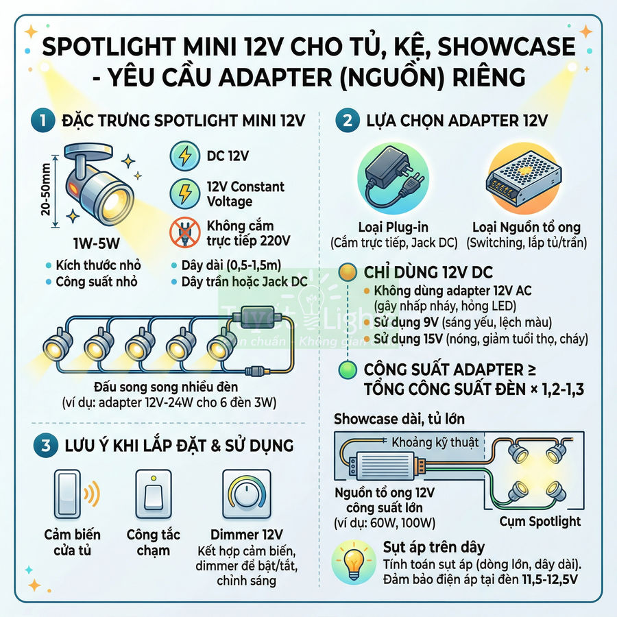 Hướng dẫn chọn adapter 12V cho đèn spotlight mini tủ kệ showcase và lưu ý lắp đặt sử dụng