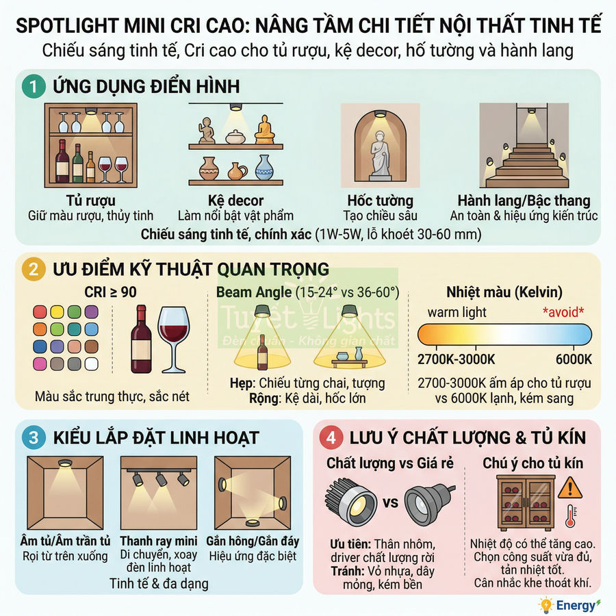 Infographic spotlight mini CRI cao cho tủ rượu, kệ decor, hốc tường, hành lang và các kiểu lắp đặt linh hoạt