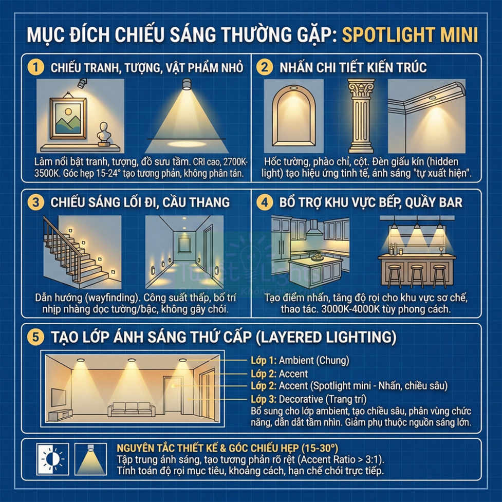 Hướng dẫn ứng dụng đèn spotlight mini cho chiếu tranh, nhấn kiến trúc, lối đi, bếp và tạo nhiều lớp ánh sáng
