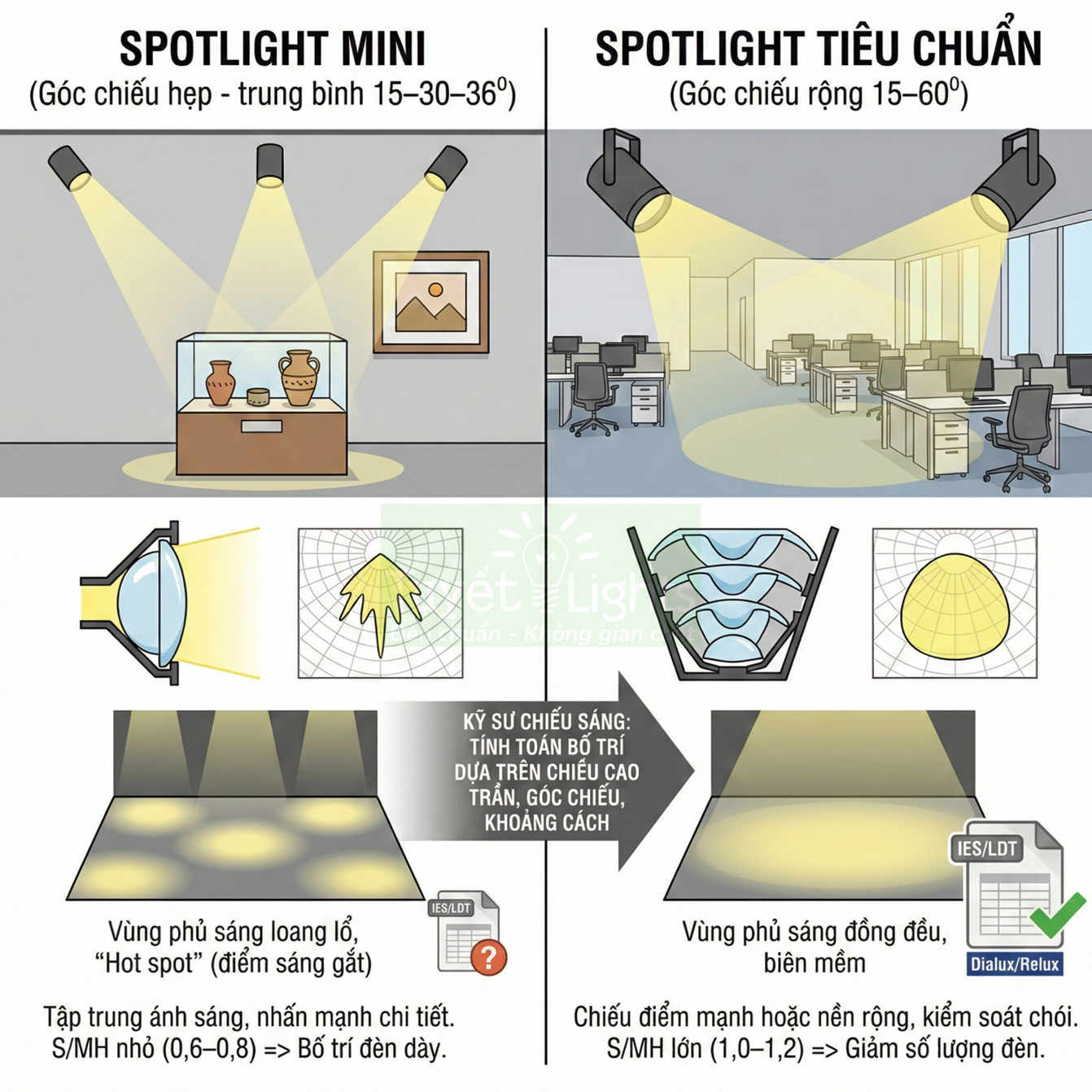 So sánh đèn spotlight mini góc chiếu hẹp và spotlight tiêu chuẩn góc chiếu rộng cho trưng bày và văn phòng