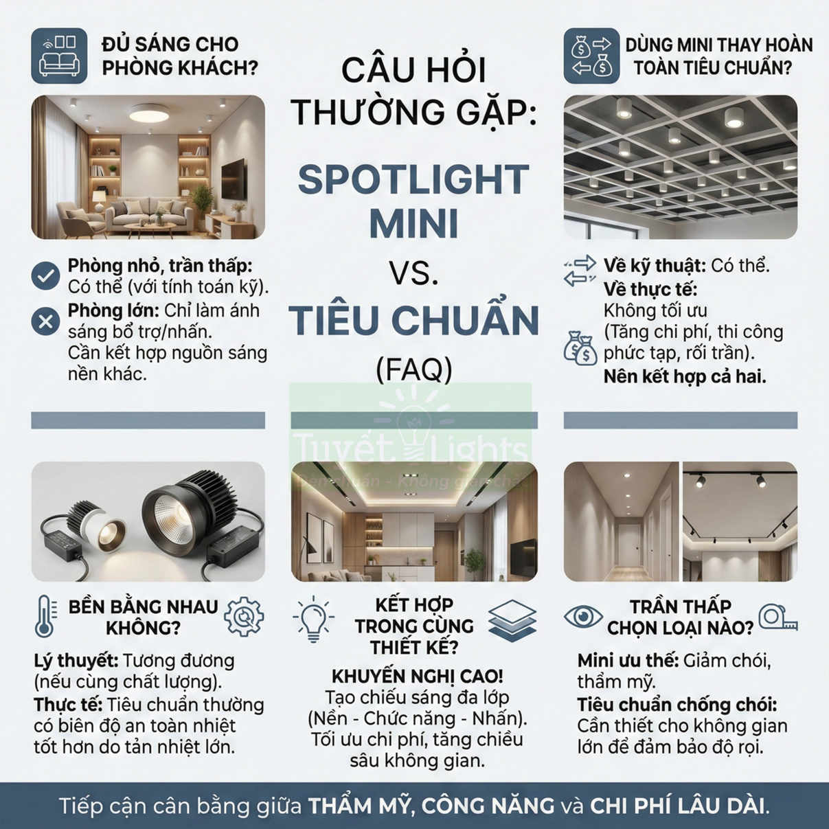 So sánh đèn spotlight mini và đèn spotlight tiêu chuẩn cho trần nhà, gợi ý cách kết hợp chiếu sáng phòng khách