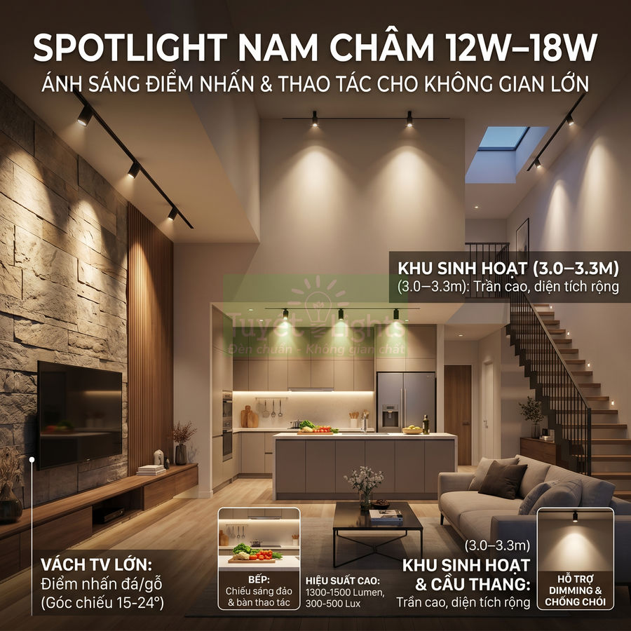 Đèn spotlight nam châm 12W 18W chiếu sáng phòng khách bếp trần cao hiện đại, tạo điểm nhấn tường TV và khu vực cầu thang