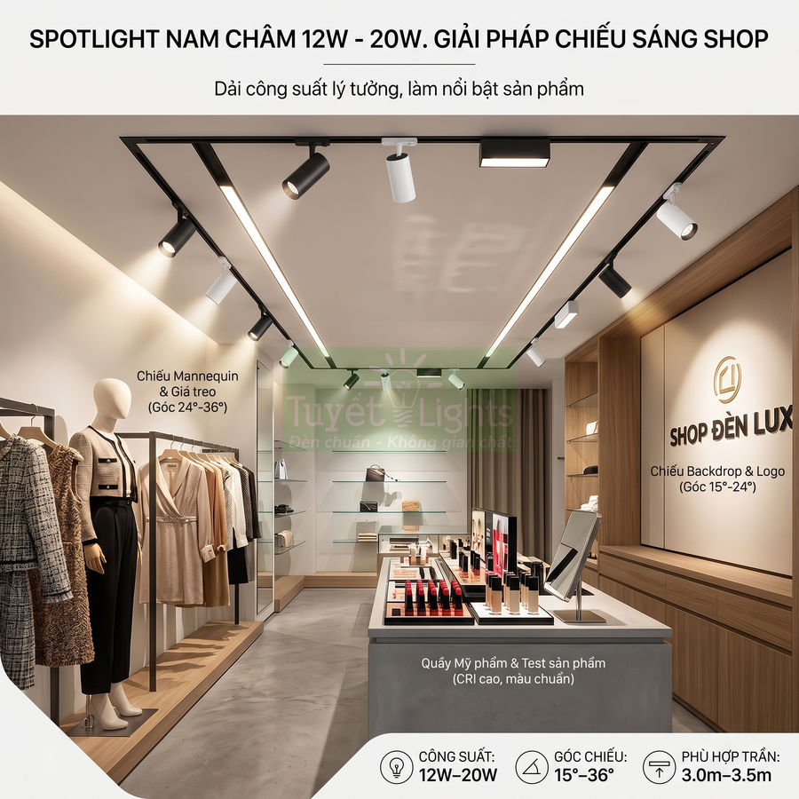 Đèn spotlight nam châm 12W 20W chiếu sáng shop thời trang và quầy mỹ phẩm hiện đại