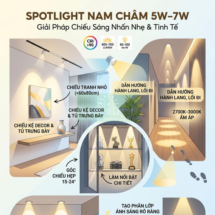 Đèn spotlight nam châm 5W 7W chiếu điểm trang trí tranh tường, kệ decor, tủ trưng bày và hành lang nội thất