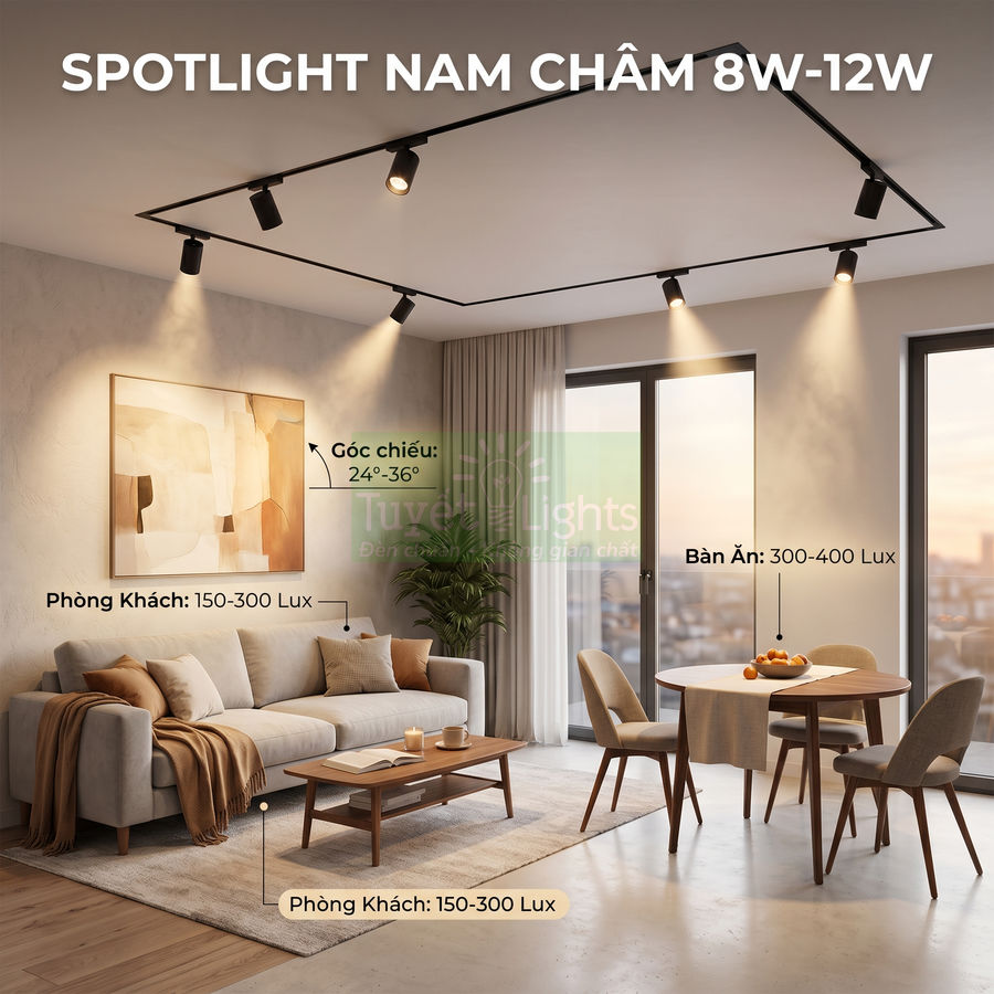 Đèn spotlight nam châm 8W 12W chiếu sáng phòng khách và bàn ăn hiện đại trong căn hộ