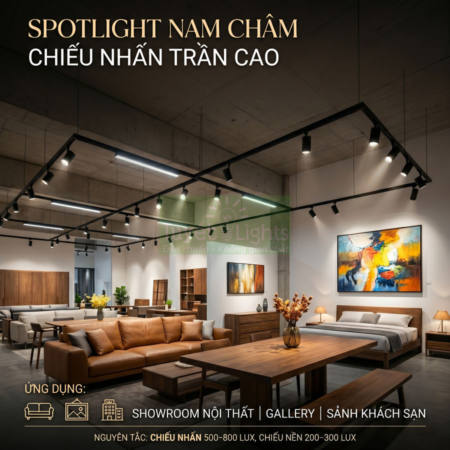 Đèn spotlight nam châm chiếu nhấn trần cao cho showroom nội thất hiện đại với sofa và giường gỗ
