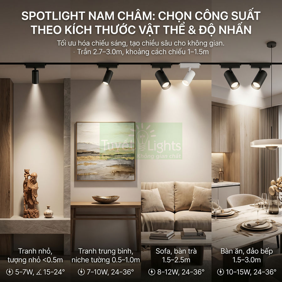 Đèn spotlight nam châm chiếu sáng tranh, sofa và bàn ăn trong phòng khách hiện đại