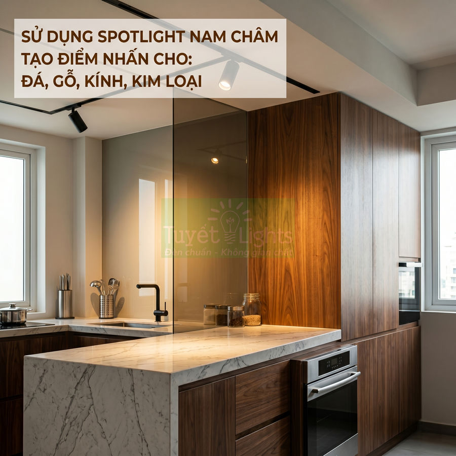 Đèn spotlight nam châm chiếu sáng bàn bếp đá marble và tủ gỗ hiện đại trong không gian bếp sáng tự nhiên