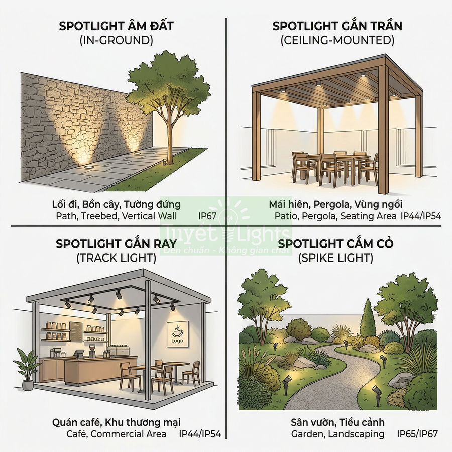Các loại đèn spotlight âm đất, gắn trần, gắn ray và cắm cỏ chiếu sáng sân vườn, mái hiên, quán cà phê