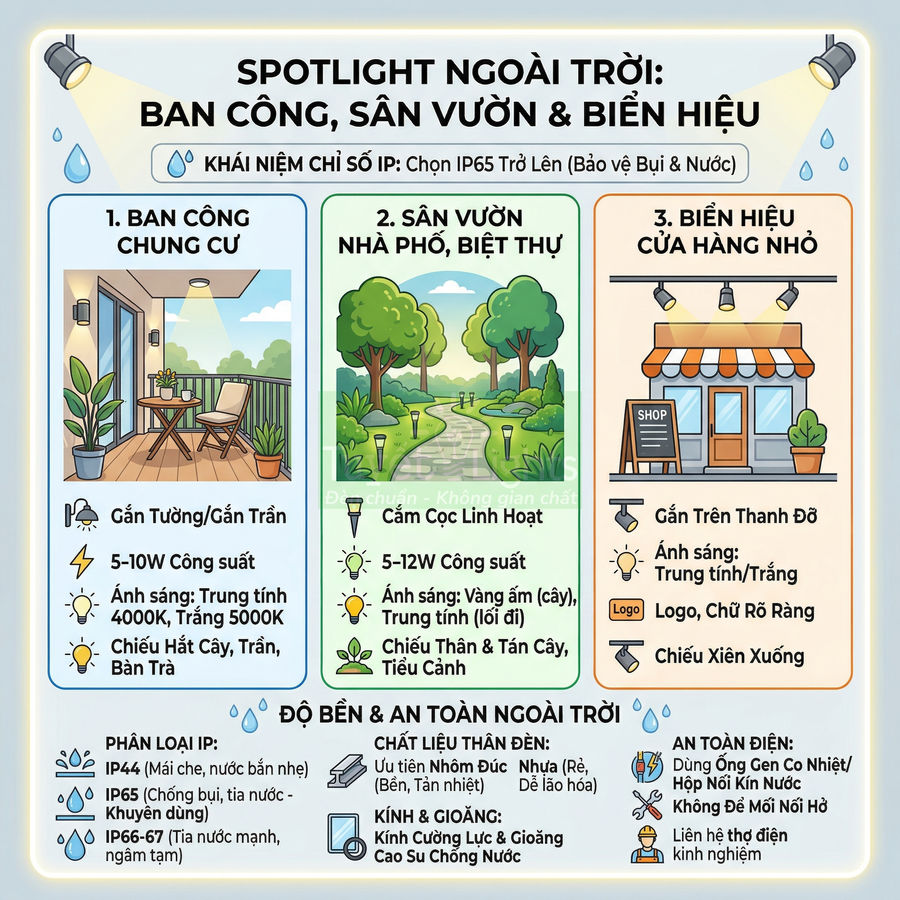 Infographic hướng dẫn chọn đèn spotlight ngoài trời cho ban công, sân vườn và biển hiệu cửa hàng nhỏ
