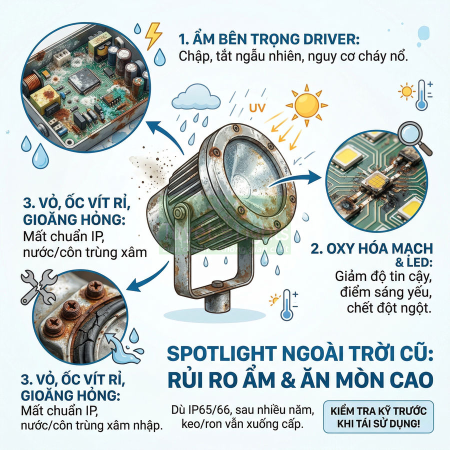 Infographic spotlight ngoài trời cũ bị ẩm mốc, oxy hóa mạch LED, rỉ sét vỏ và ốc vít gây hỏng hóc nguy hiểm