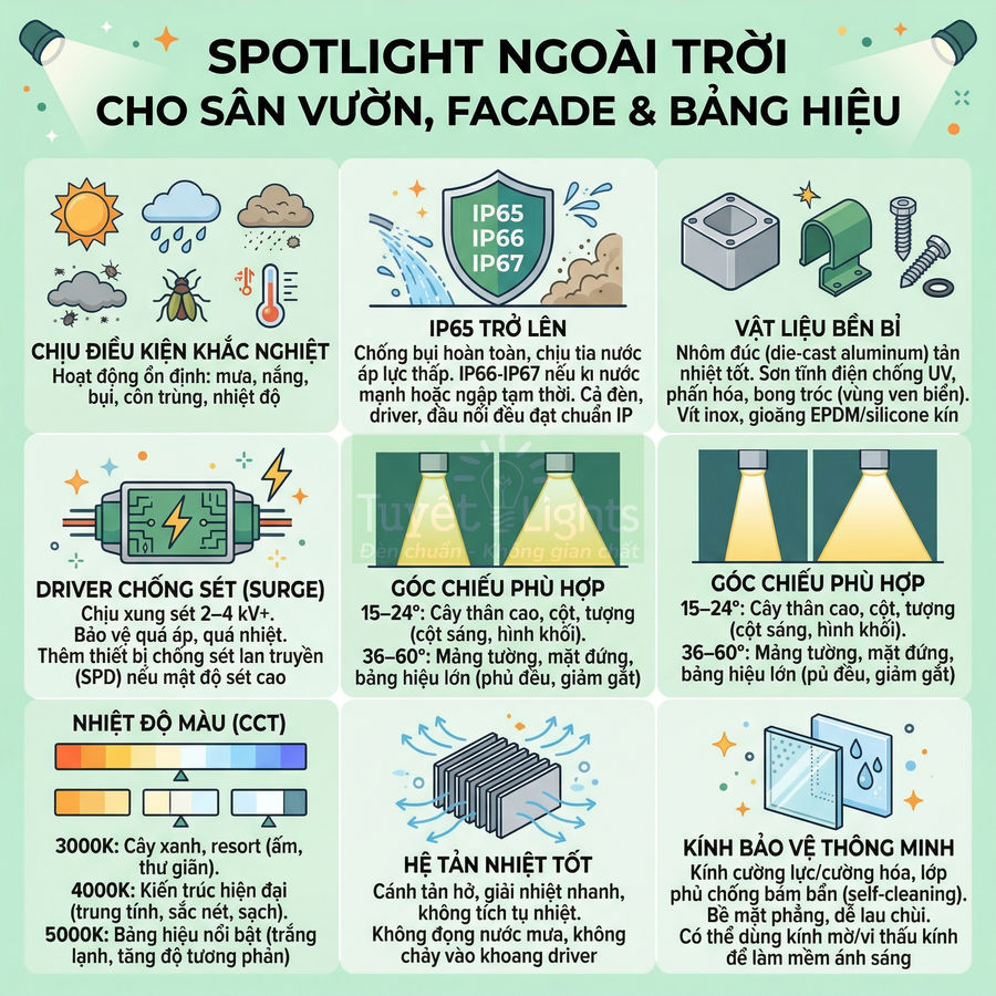 Infographic spotlight ngoài trời cho sân vườn, facade, bảng hiệu với các tiêu chí IP65, chống sét, tản nhiệt, kính bảo vệ