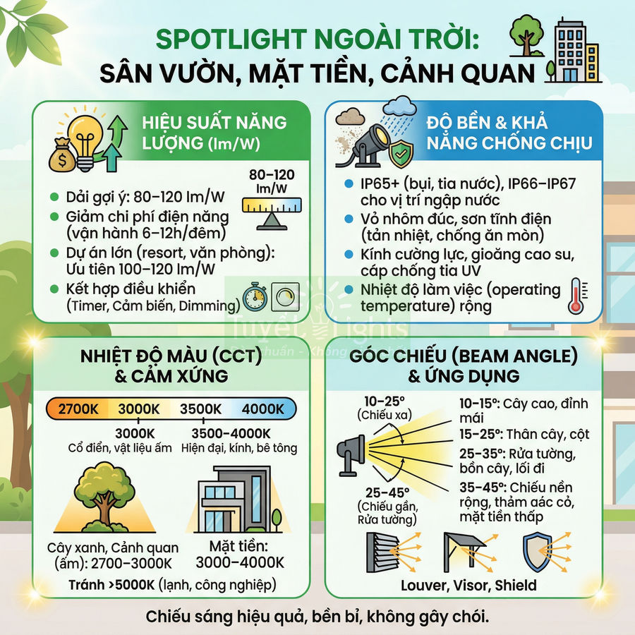 Infographic hướng dẫn chọn đèn spotlight ngoài trời cho sân vườn, mặt tiền, cảnh quan với hiệu suất, độ bền và góc chiếu