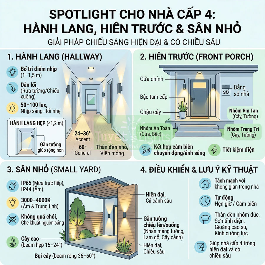 Infographic hướng dẫn bố trí đèn spotlight chiếu sáng hành lang, hiên trước và sân nhỏ cho nhà cấp 4