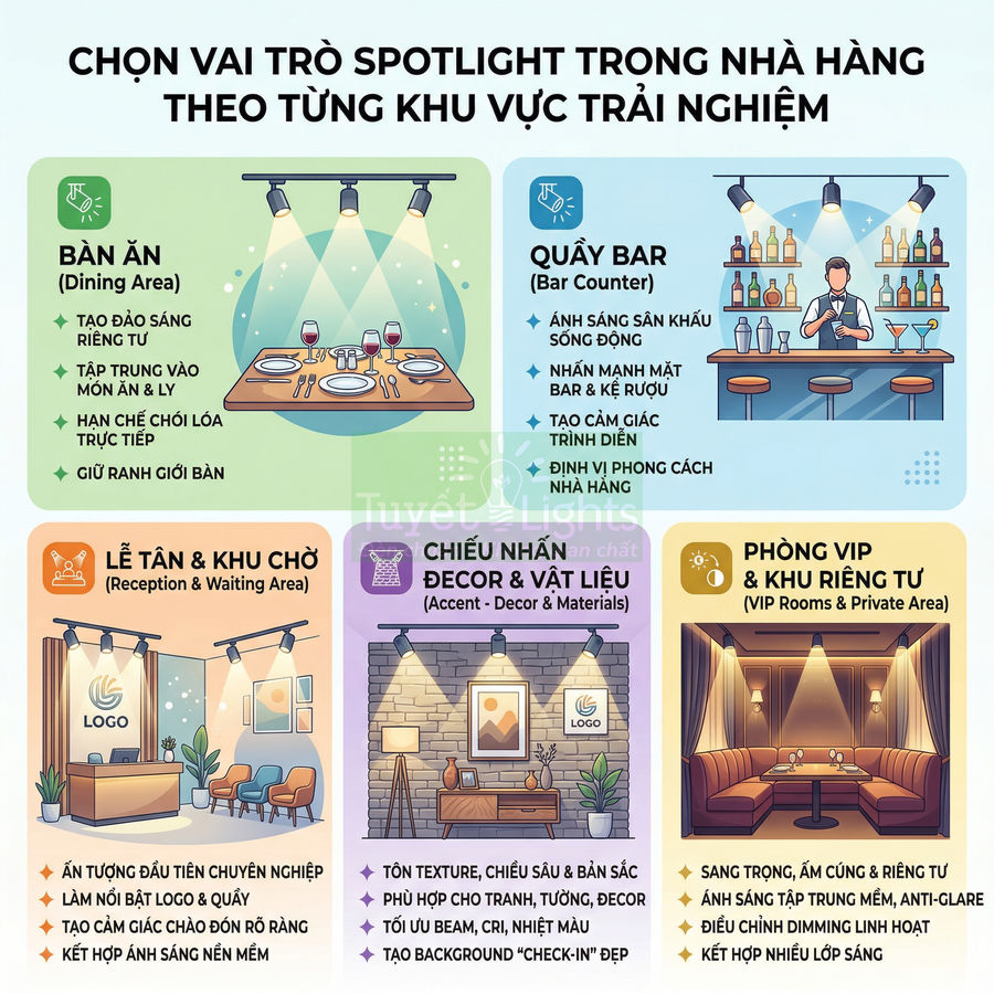 Infographic hướng dẫn chọn đèn spotlight cho từng khu vực trong nhà hàng như bàn ăn, quầy bar, lễ tân, decor và phòng VIP
