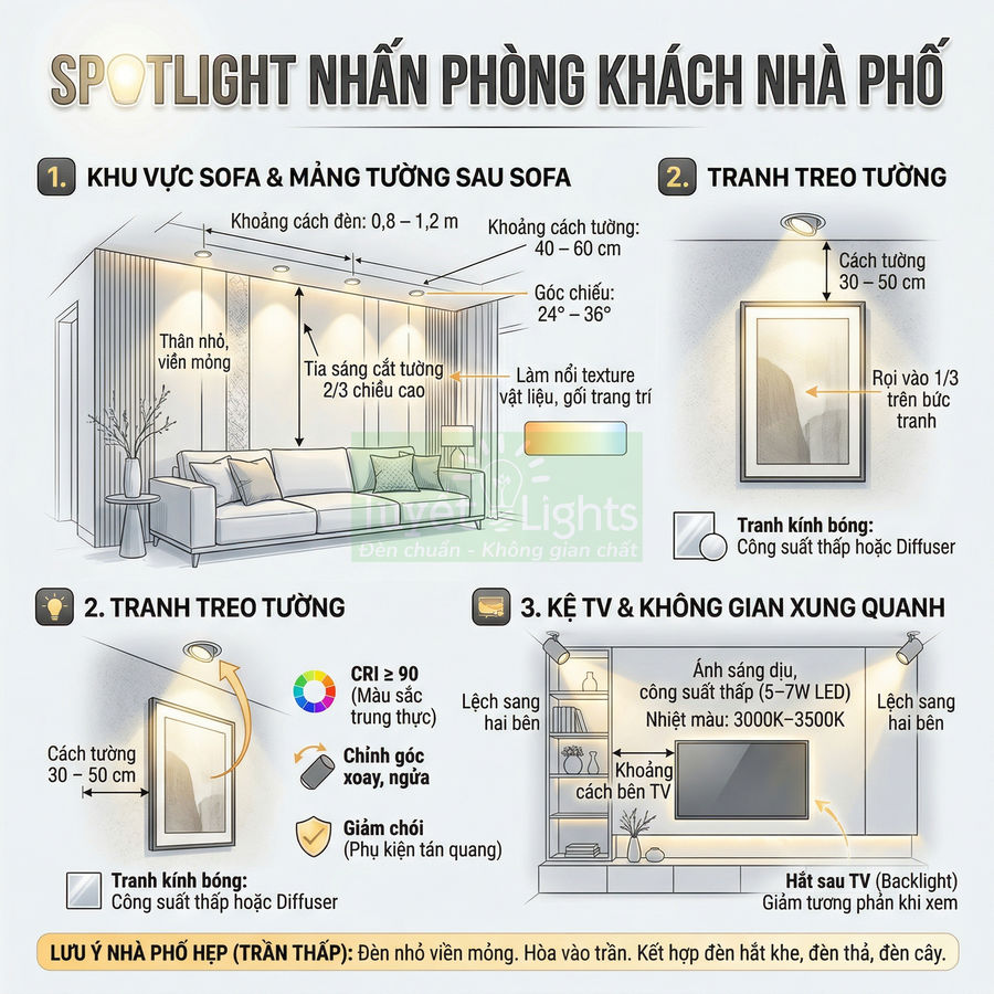 Hướng dẫn bố trí đèn spotlight phòng khách nhà phố chiếu sáng sofa, tranh treo tường và kệ TV