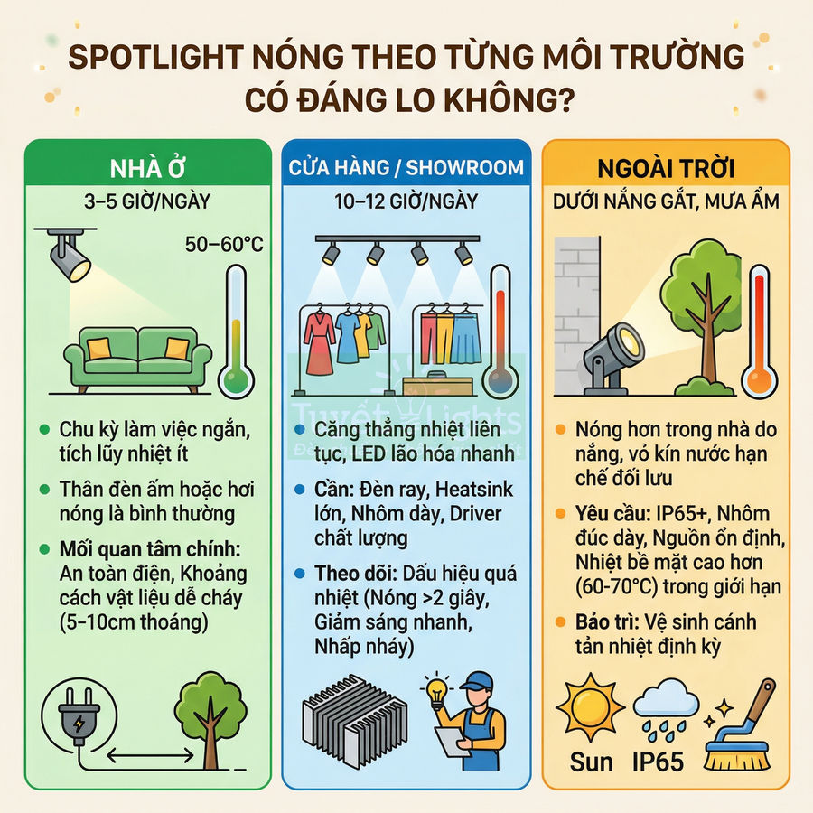 Infographic so sánh mức độ nóng của đèn spotlight LED trong nhà, cửa hàng và ngoài trời cùng lưu ý an toàn