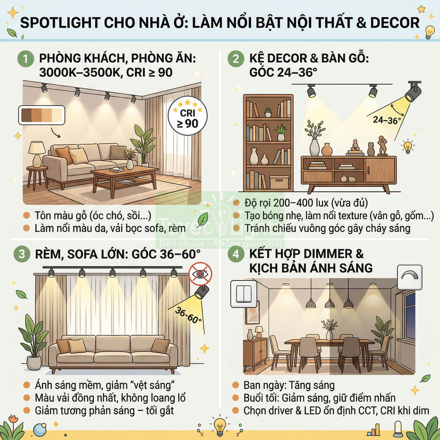 Infographic hướng dẫn chọn đèn spotlight chiếu nội thất phòng khách, rèm, kệ decor và bàn ăn trong nhà ở