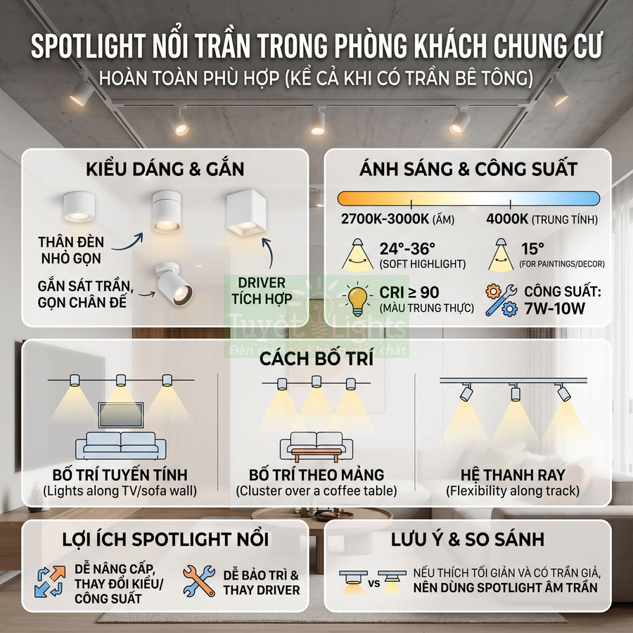 Đèn spotlight nổi trần phòng khách chung cư, kiểu dáng nhỏ gọn, ánh sáng 2700K đến 4000K, công suất 7W đến 10W