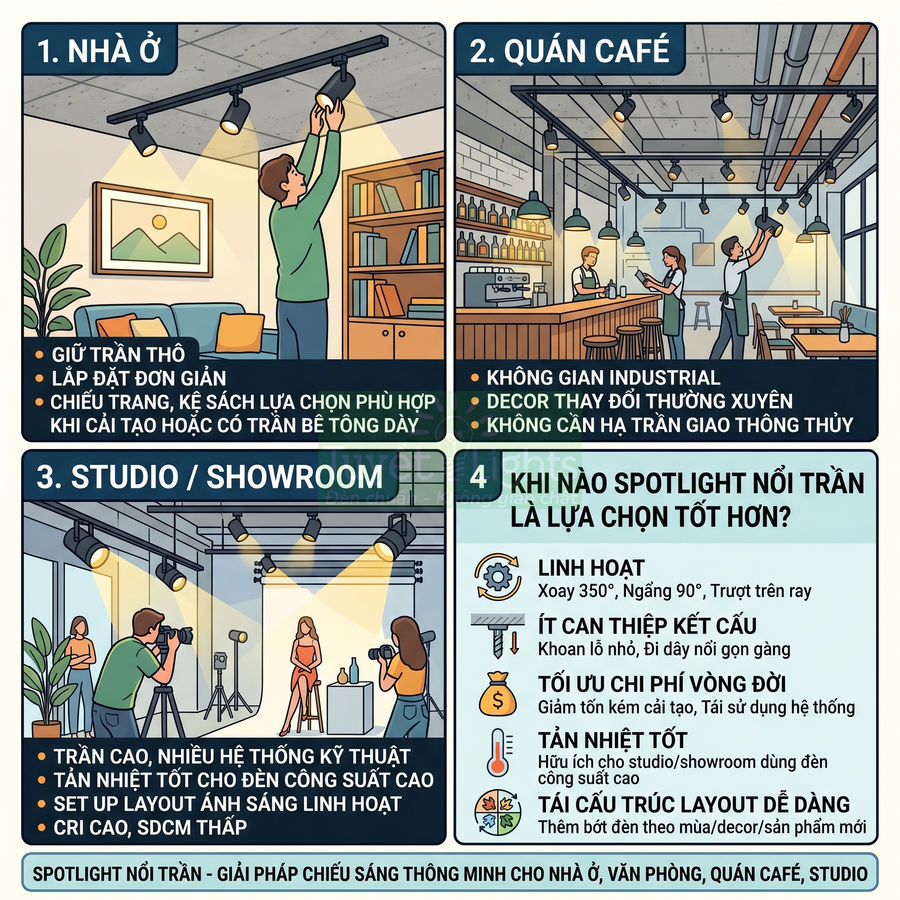 Ứng dụng đèn spotlight nổi trần chiếu sáng nhà ở, quán café, studio và showroom hiện đại