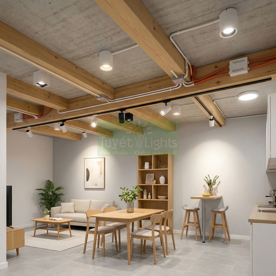 Đèn rọi ray và đèn downlight Tuyết Lights chiếu sáng phòng khách liền bếp nội thất gỗ hiện đại