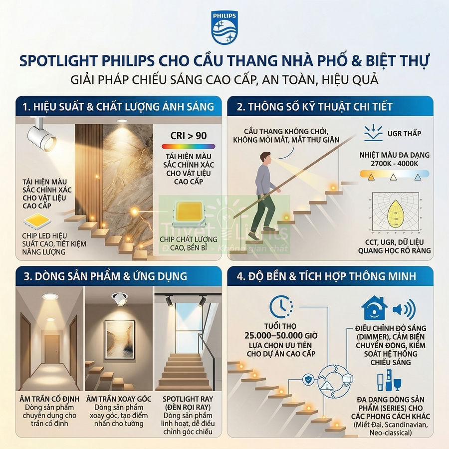 Đèn spotlight Philips chiếu sáng cầu thang nhà phố và biệt thự, hiệu suất cao, bền, tích hợp điều khiển thông minh