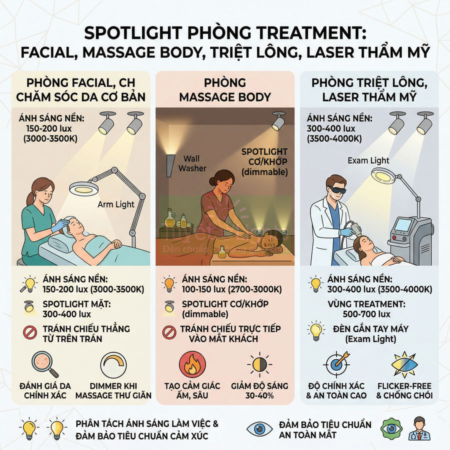 Infographic hướng dẫn chọn spotlight chiếu sáng phòng facial, massage body, triệt lông và laser thẩm mỹ