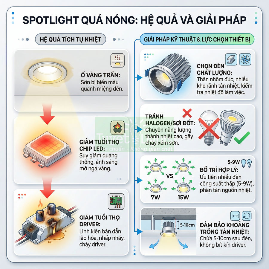 Infographic hướng dẫn chọn và lắp đặt đèn spotlight LED chất lượng để giảm quá nhiệt và tăng tuổi thọ