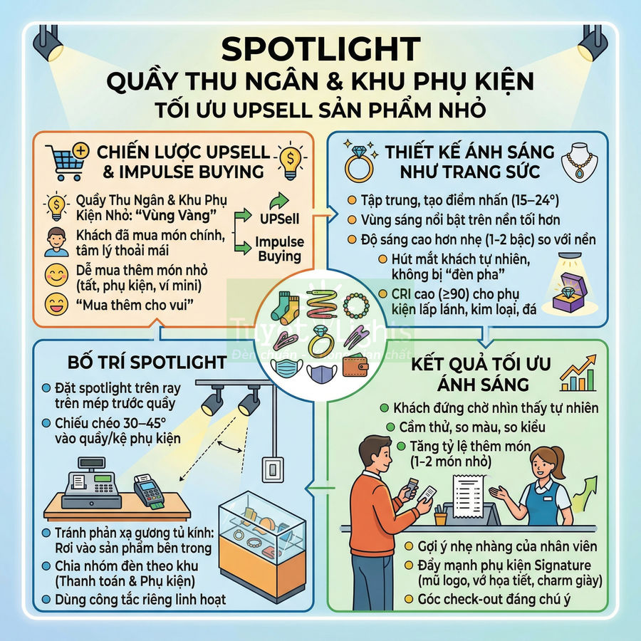 Infographic hướng dẫn dùng đèn spotlight tại quầy thu ngân và khu phụ kiện để tăng upsell sản phẩm nhỏ