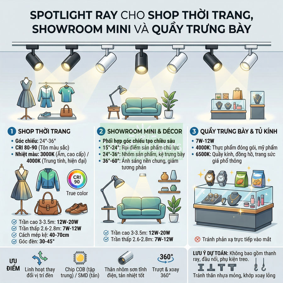 Đèn spotlight ray chiếu sáng shop thời trang, showroom mini và quầy trưng bày sản phẩm