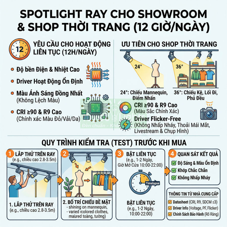 Infographic hướng dẫn chọn và kiểm tra đèn spotlight ray cho showroom và shop thời trang hoạt động 12 giờ mỗi ngày