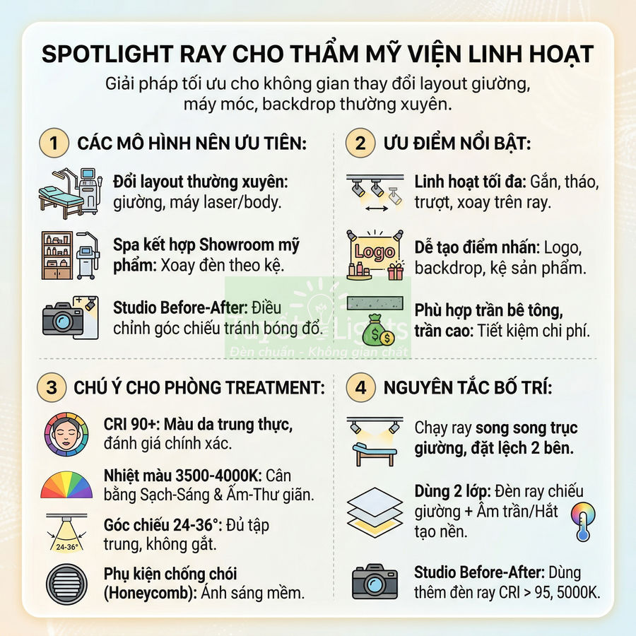 Spotlight ray cho thẩm mỹ viện linh hoạt, tối ưu chiếu sáng giường điều trị, spa, studio before after và showroom mỹ phẩm