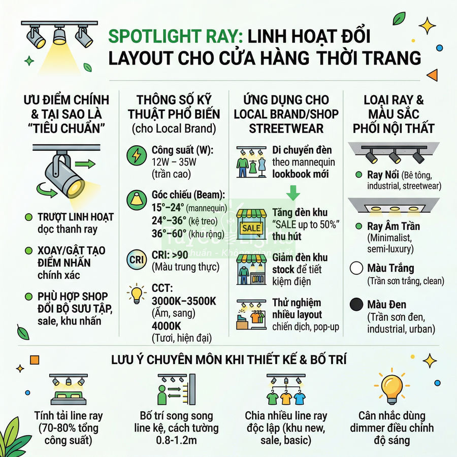 Infographic spotlight ray đèn rọi ray cho cửa hàng thời trang, thông số kỹ thuật và ứng dụng chiếu sáng shop