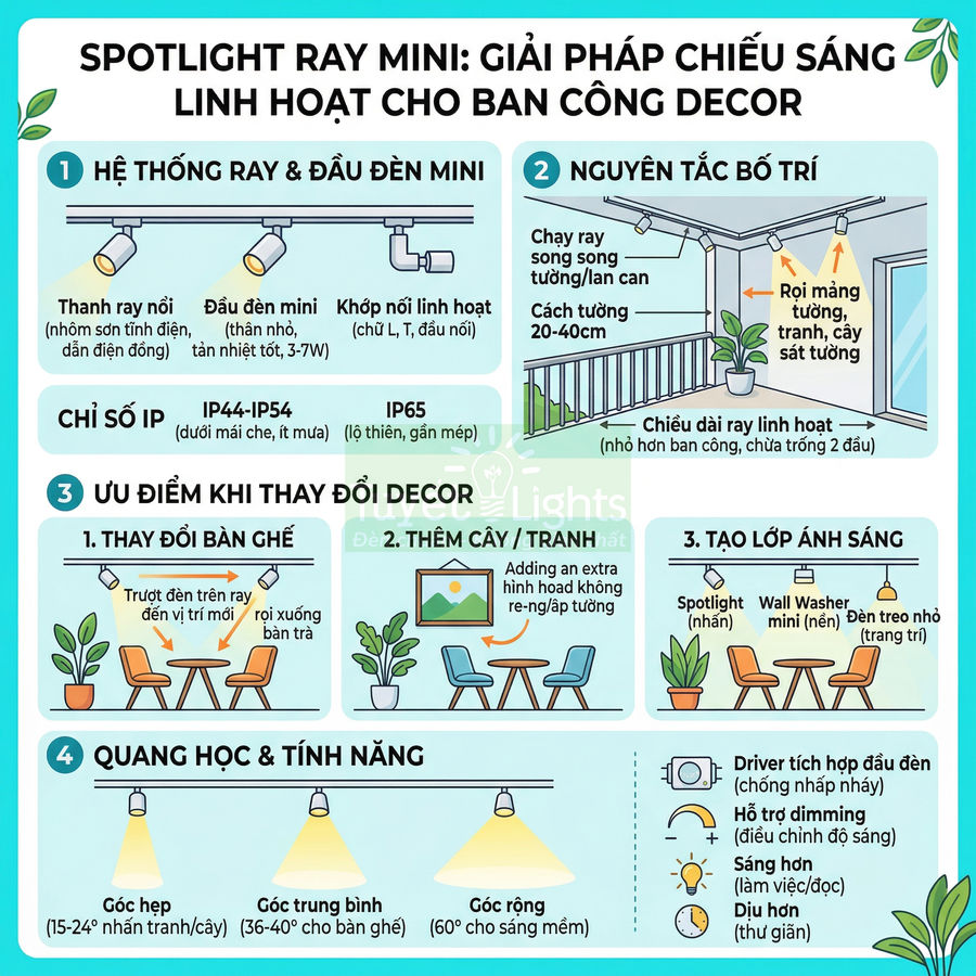 Infographic giới thiệu hệ thống đèn spotlight ray mini chiếu sáng linh hoạt cho ban công decor