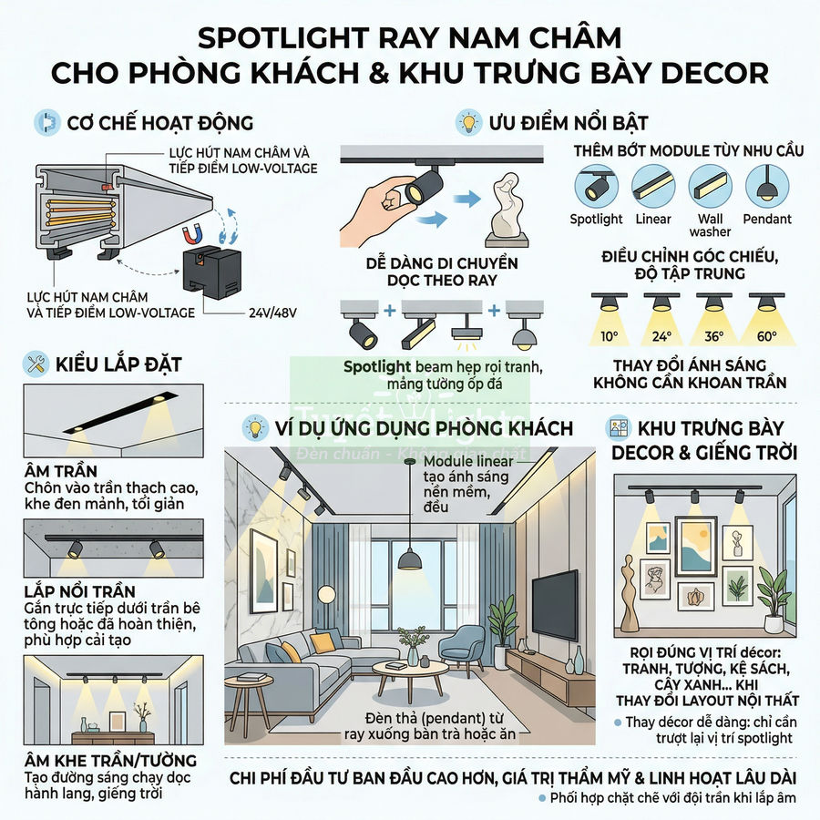 Đèn spotlight ray nam châm cho phòng khách và khu trưng bày decor, nhiều kiểu lắp đặt và điều chỉnh góc chiếu linh hoạt