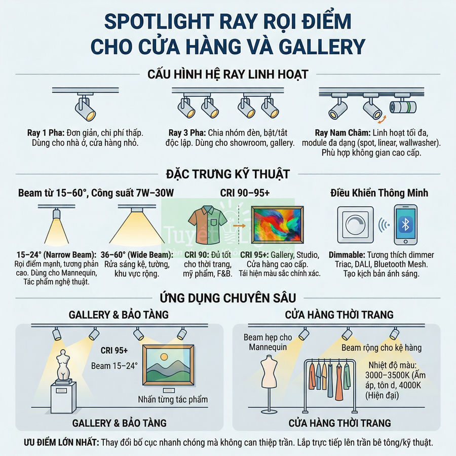 Infographic spotlight ray rọi điểm cho cửa hàng và gallery, mô tả cấu hình ray, thông số kỹ thuật và ứng dụng chiếu sáng