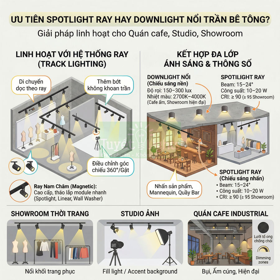 Infographic so sánh spotlight ray và đèn downlight nổi trần bê tông cho quán cafe, studio, showroom