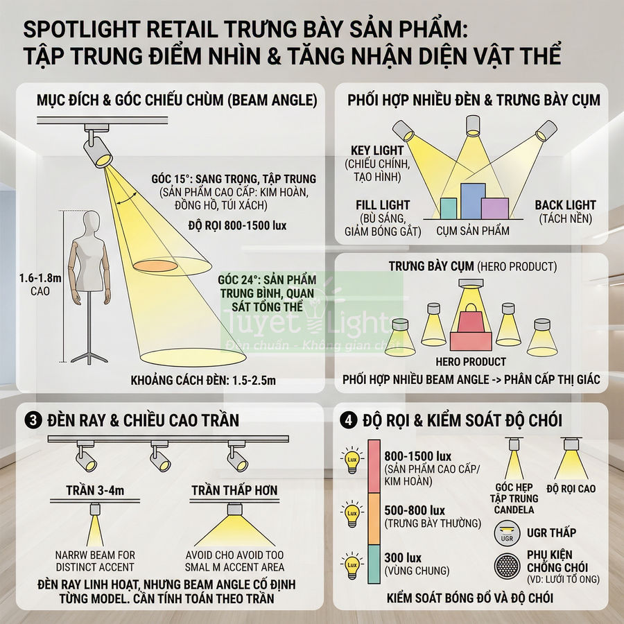 Hướng dẫn sử dụng đèn spotlight retail trưng bày sản phẩm thời trang trong cửa hàng showroom
