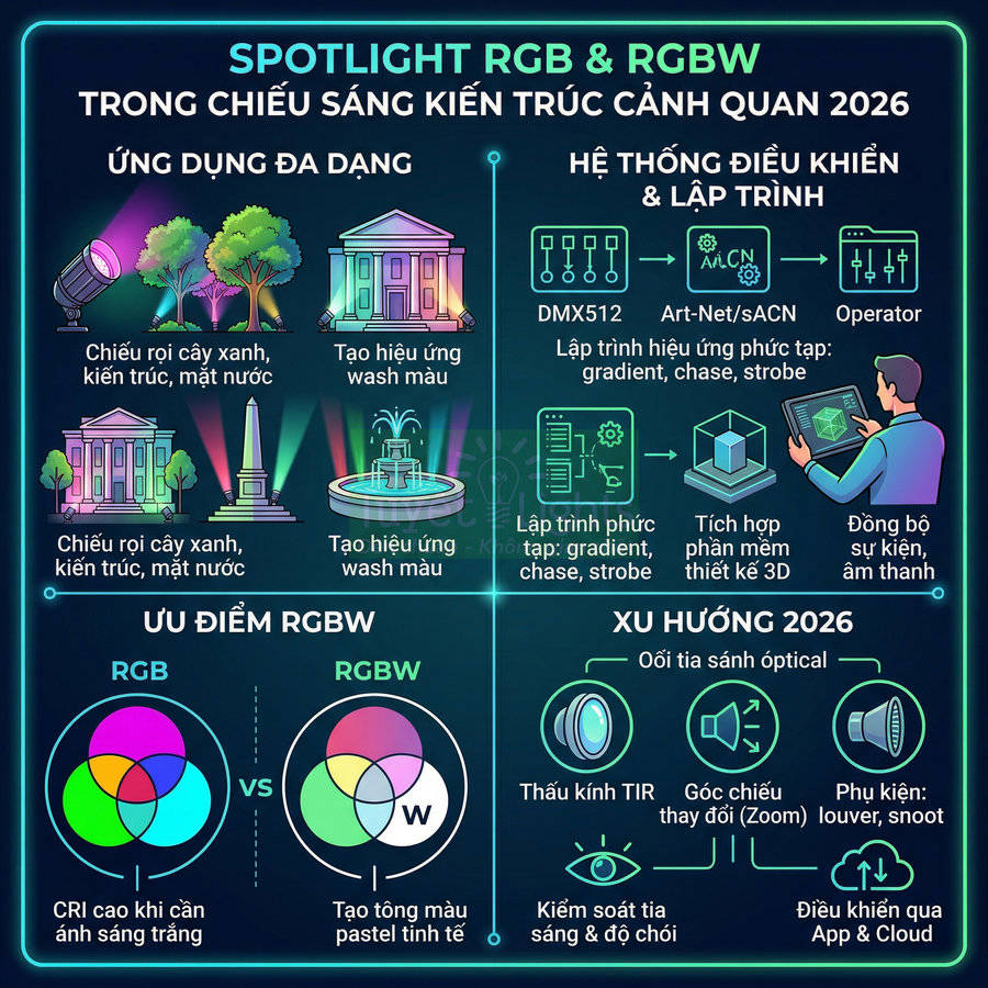 Infographic spotlight RGB RGBW cho chiếu sáng kiến trúc cảnh quan, ứng dụng, ưu điểm và xu hướng 2026
