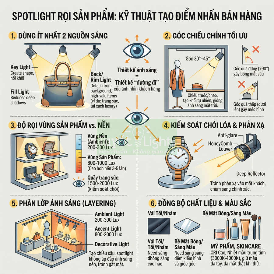 Hướng dẫn chiếu spotlight trưng bày túi xách, đồng hồ, mỹ phẩm trong cửa hàng bán lẻ