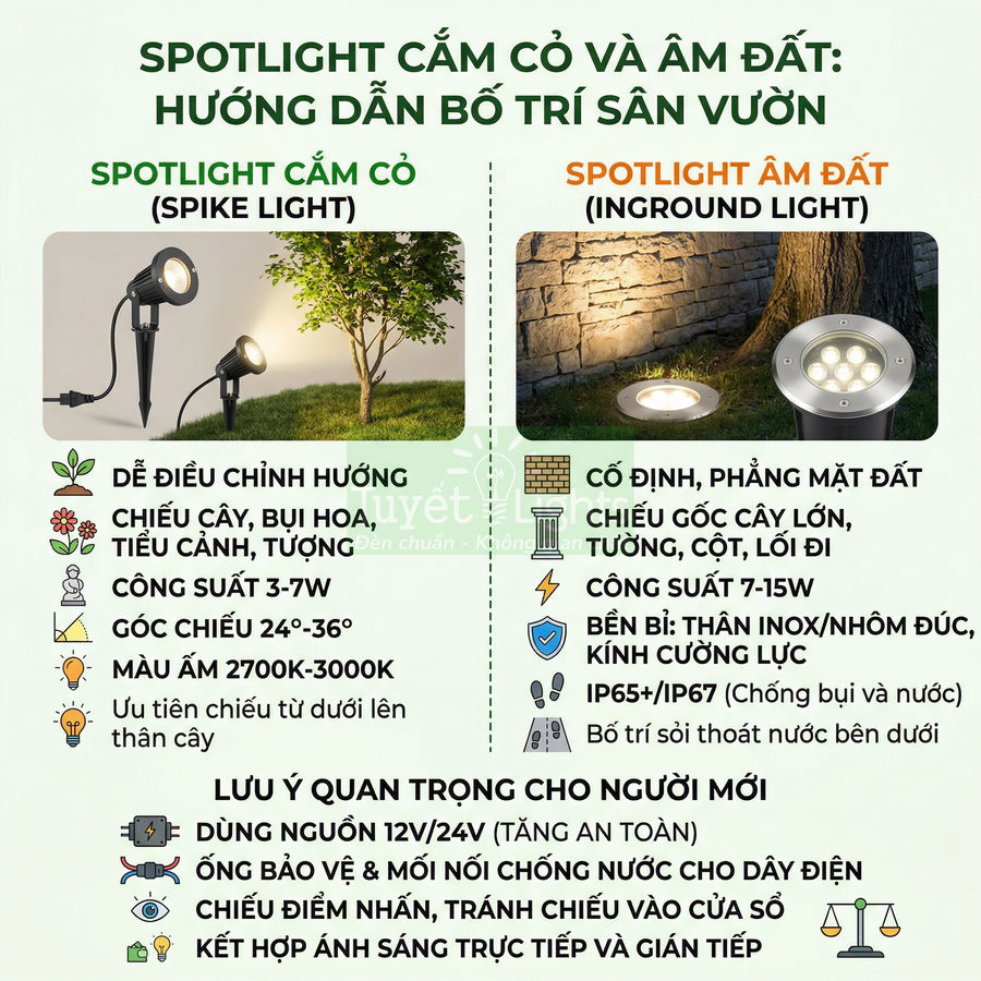 Hướng dẫn chọn đèn spotlight cắm cỏ và spotlight âm đất chiếu sáng sân vườn, cây và lối đi ngoài trời